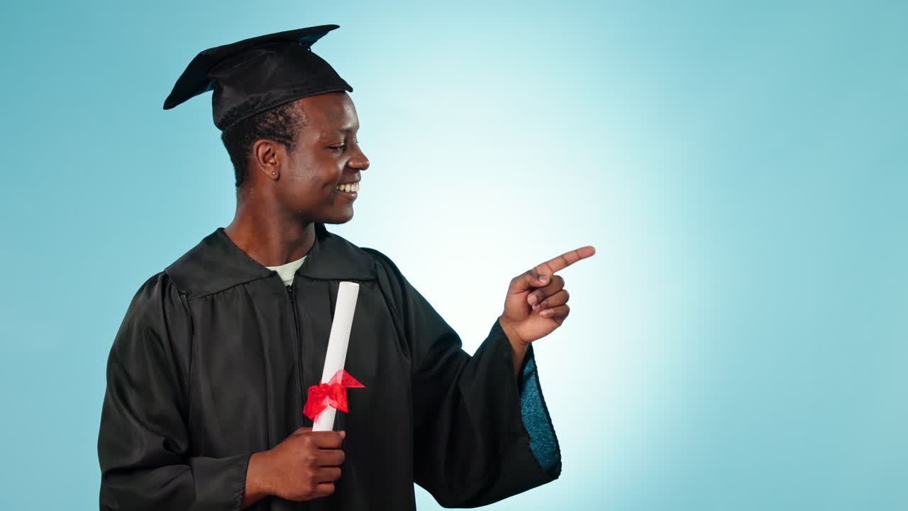 Education, graduate and hand pointing by man