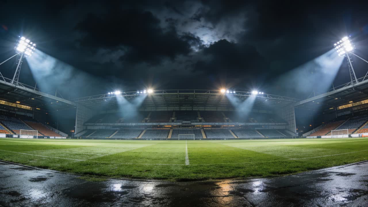 Fari che illuminano un campo da calcio in erba che riflette i raggi in uno stadio notturno con riflessi bagnati.