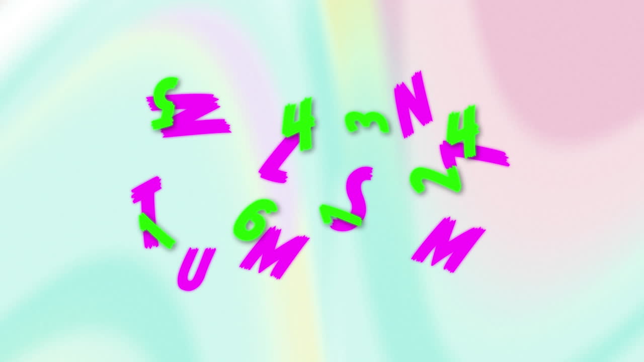 animación de letras y números sobre un fondo colorido.