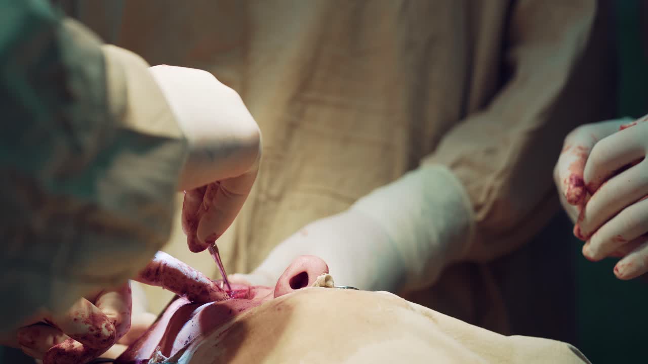 In surgery. Surgeons perform surgery on a face of patient in gloves in the operating room in the hospital. Close-up