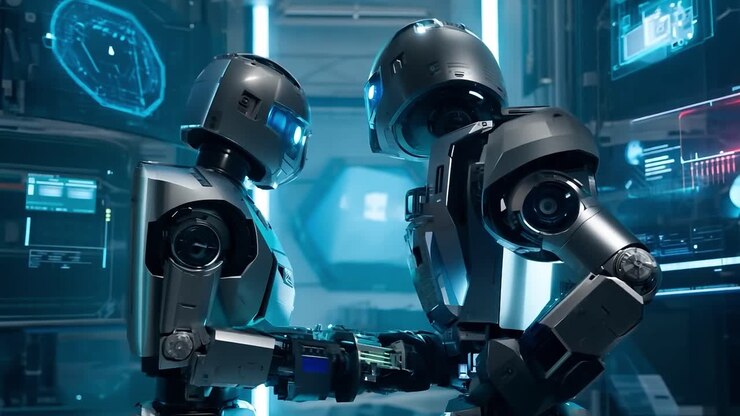 Due robot in un laboratorio futuristico