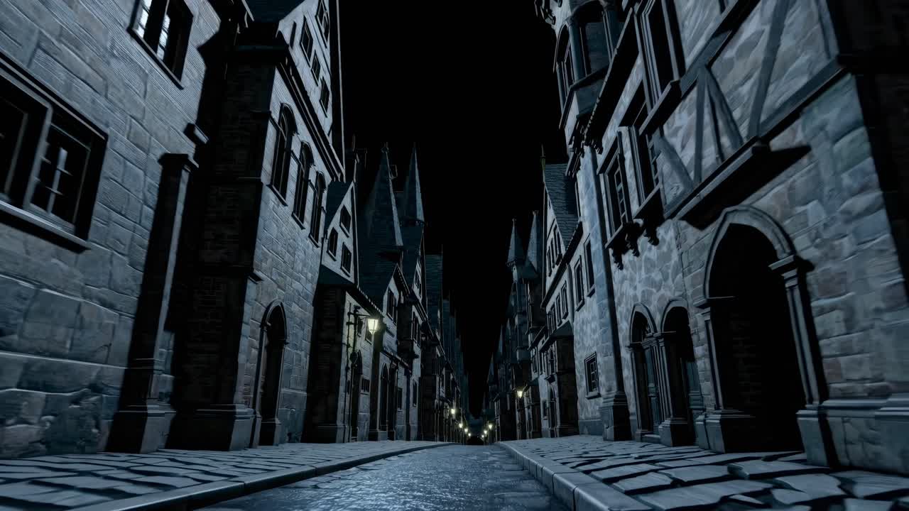 A low-angle shot of a dimly lit, narrow medieval street at night, creating a mysterious