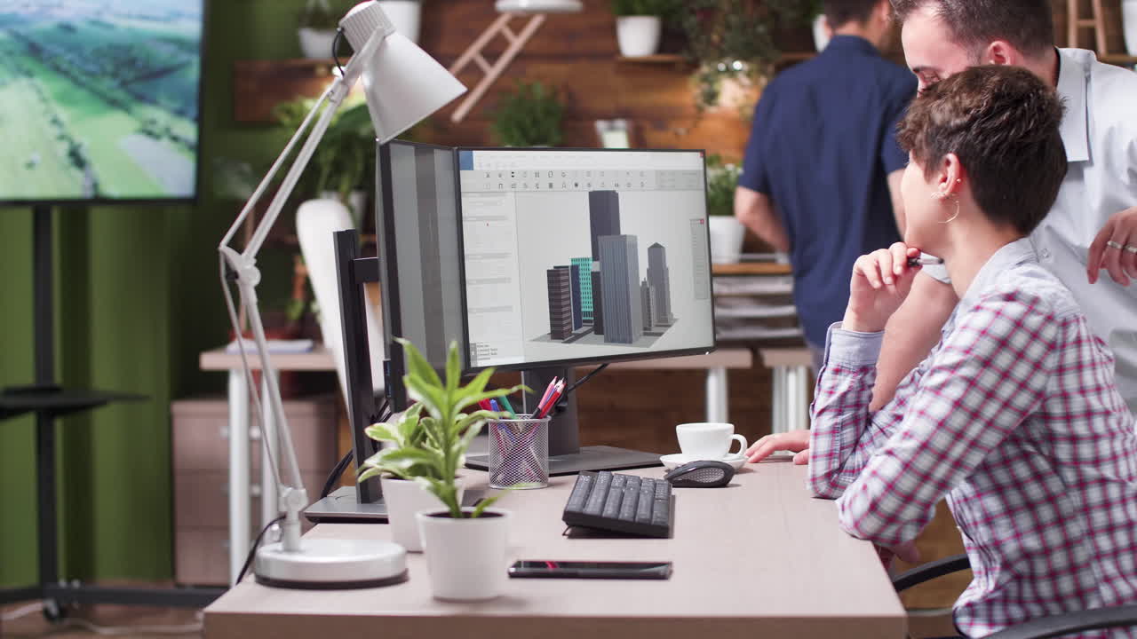 People working together in an office with computers and architectural models