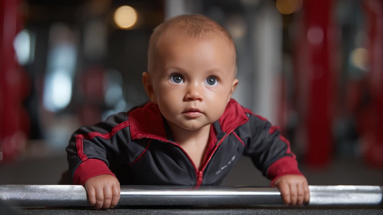 Neugieriges Baby, das Fitnessgeräte im Fitnessstudio erkundet, seine Spielzeit genießt, während es durch fesselnde Aktivitäten seine Muskeln stärkt und Selbstvertrauen aufbaut
