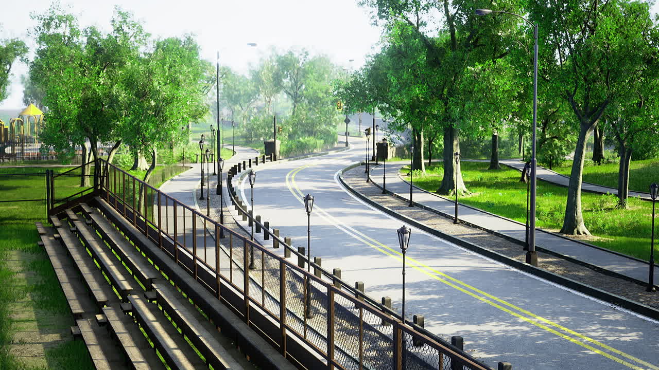 Peaceful park pathway with lush greenery and soft sunlight in morning hours
