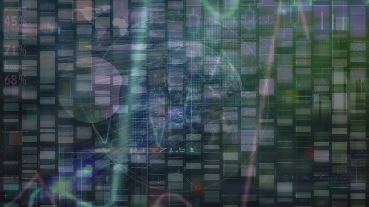 Animation of data processing and globe over moving columns