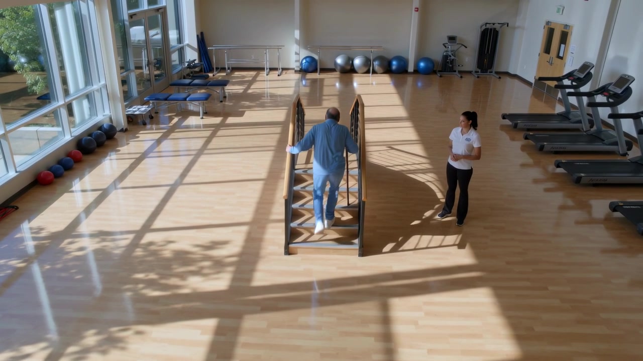 Trainer cueing senior man in blue at rehab gym gripping balance staircase rails walking for balance