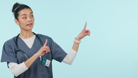 Doctor,-healthcare-and-woman-in-studio-pointing