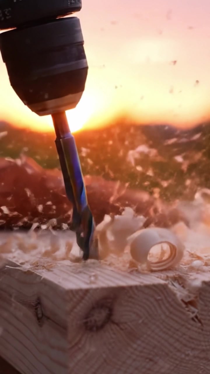 Faszinierender Holzbearbeitungsprozess bei Sonnenuntergang: Eine Nahaufnahme eines Bohrers in Aktion, der Späne erzeugt, mit warmem goldenem Licht im Hintergrund.