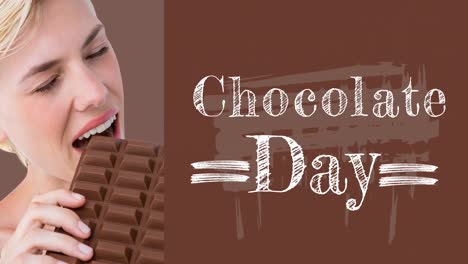 animation of chocolate day text over caucasian woman eating chocolate