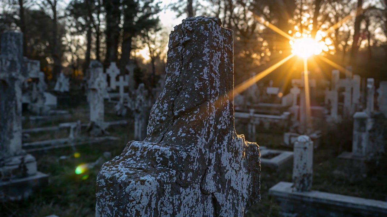 Inquadratura in movimento su una croce di pietra consumata dalle intemperie in un cimitero al tramonto, con sole basso, luce cangiante e bagliore dell'obiettivo.