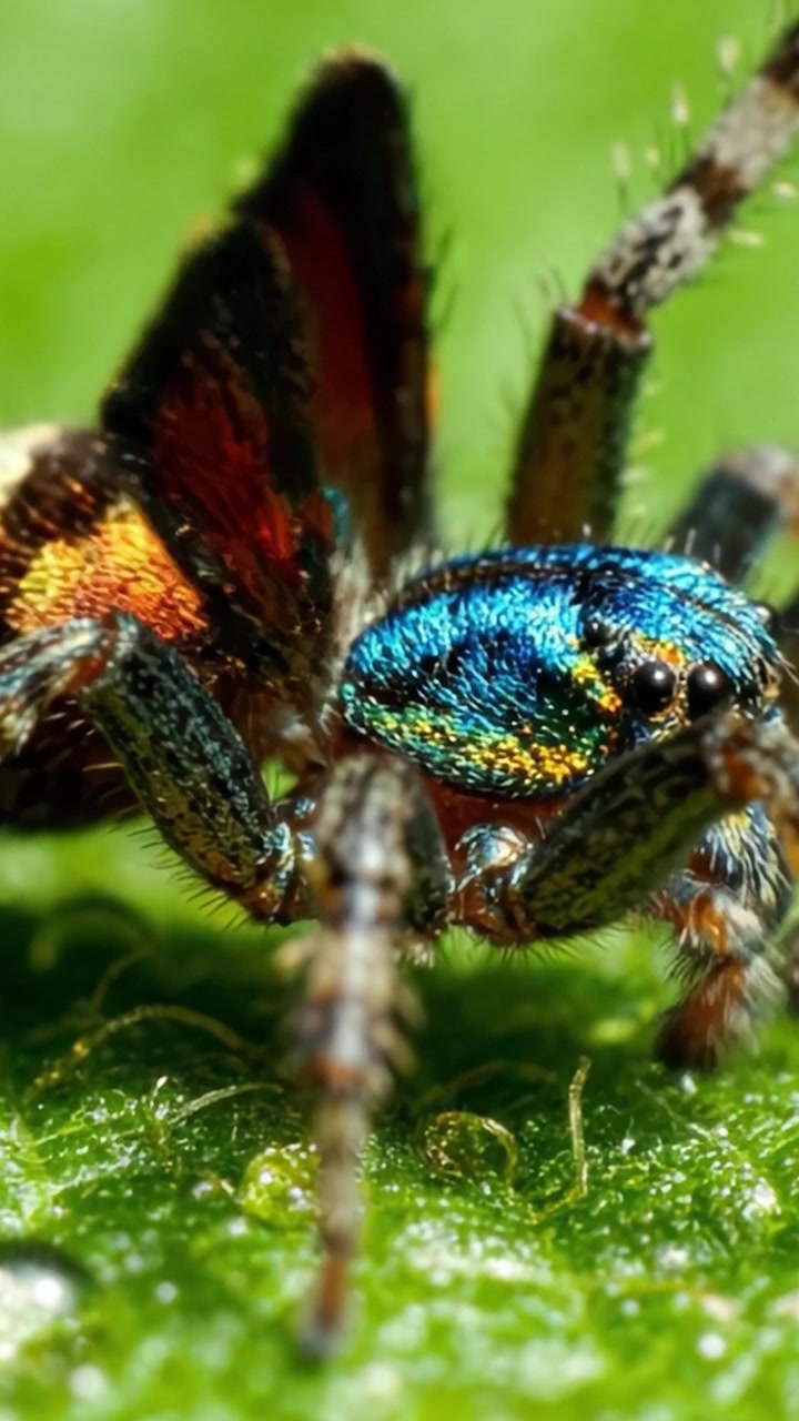 Close-up Macro Photography of a Colorful Spider, Showcasing Vibrant Patterns and Textures of Its Exoskeleton, Set Against a Leafy Green Background