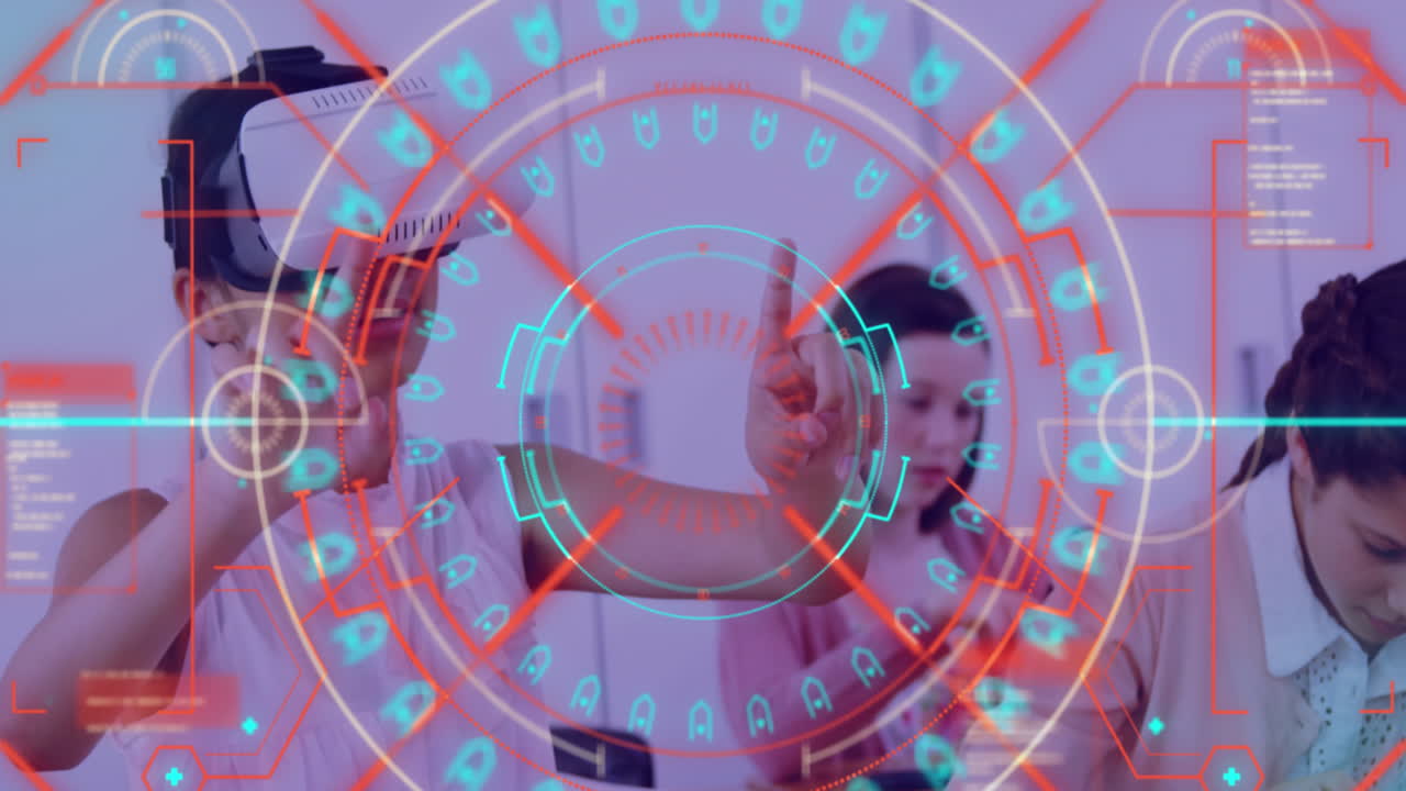 procesamiento de datos y escaneo de alcance contra mujer caucásica que usa auriculares vr en la oficina