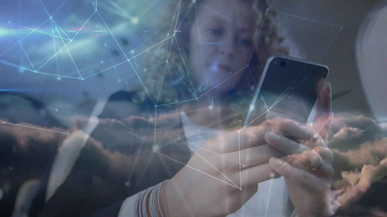 Seated woman tapping phone in aircraft, scrolling revealing face while cloud network showing trip