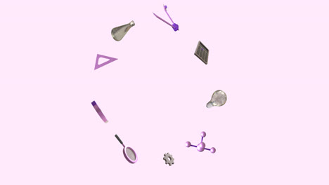animación de iconos educativos en círculo con espacio de copia sobre fondo púrpura