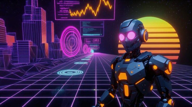 Futuristic Robot Standing in a Neon Synthwave Cityscape