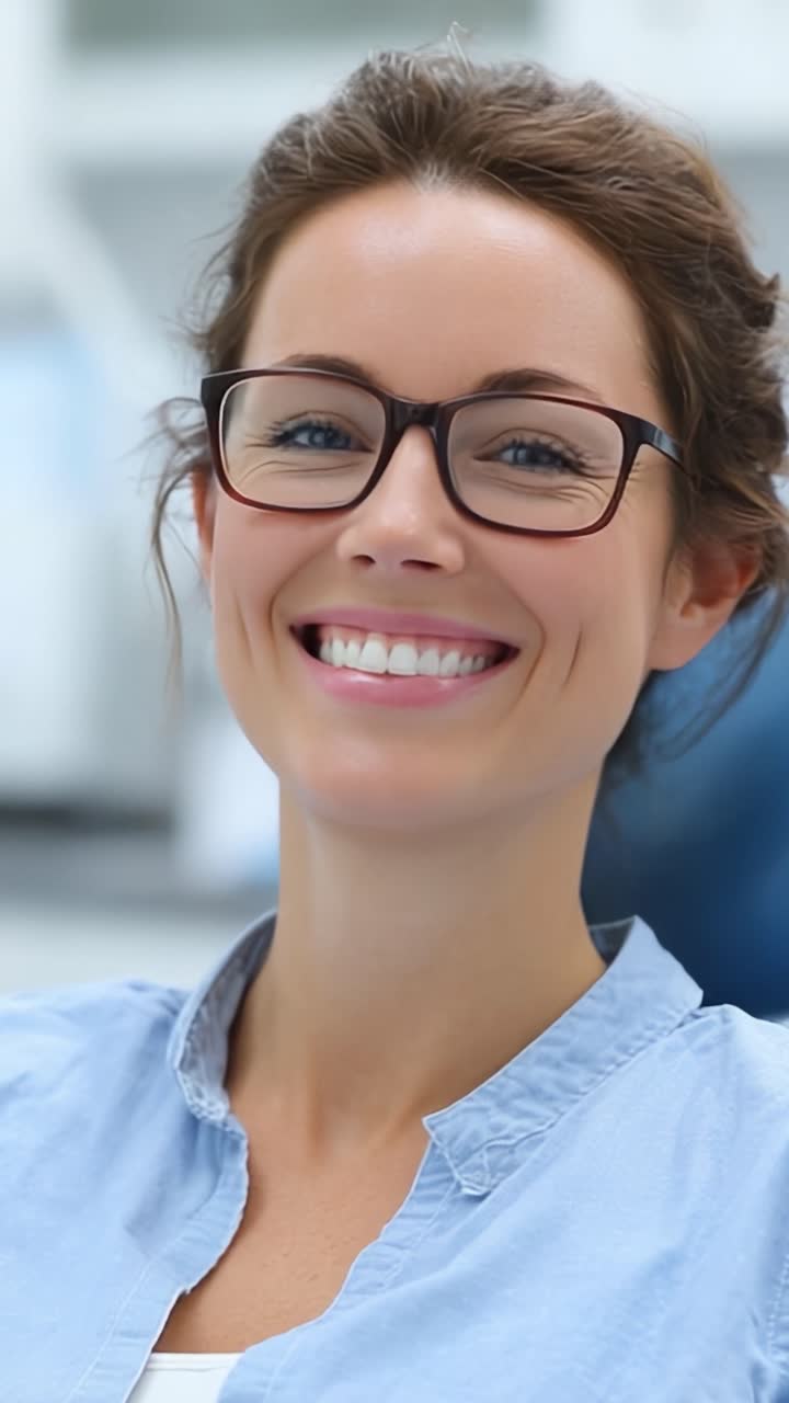 Un Sorriso Luminoso e Invitante: Che Cattura la Gioia e l'Accessibilità di una Donna Sicura di Sé con gli Occhiali in un Contesto Professionale
