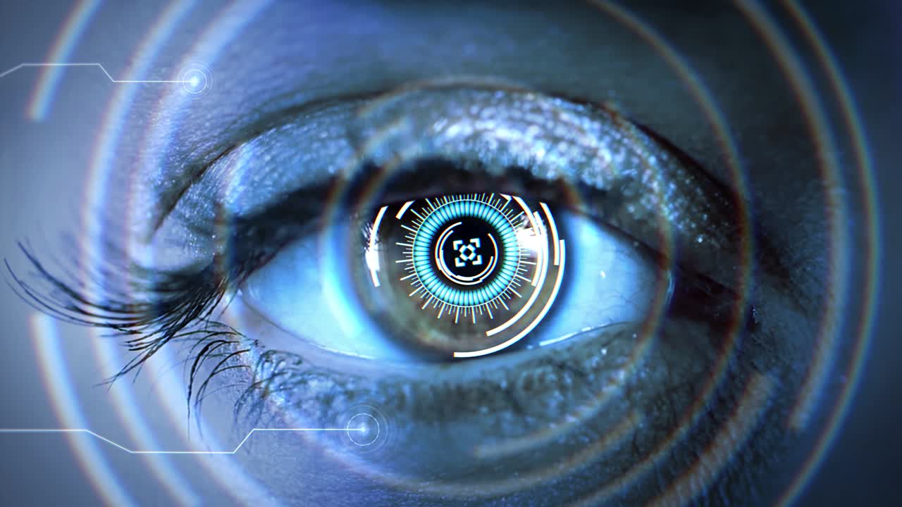 Futuristic vision human eye and hightech concept loop animation hud and control and protection of