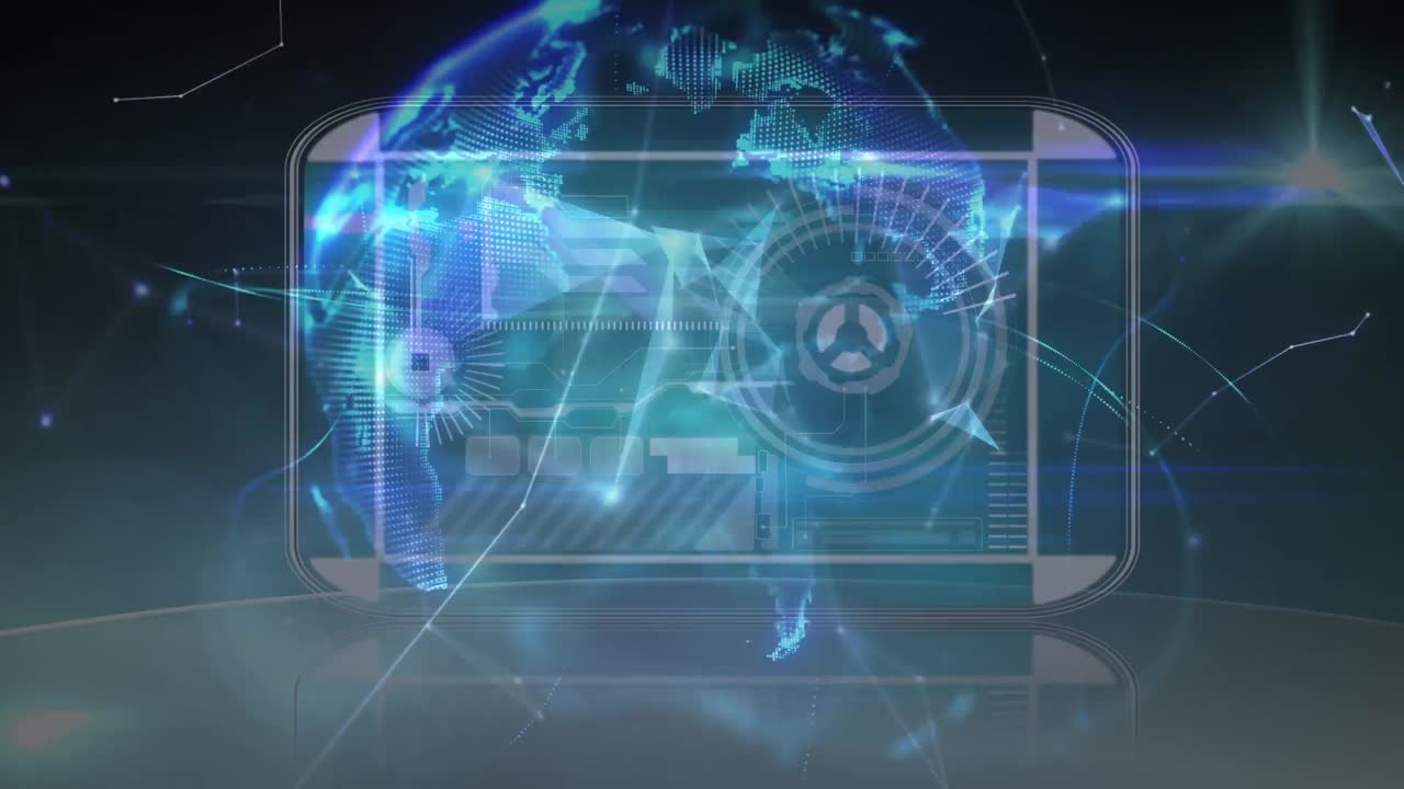 red de plexo sobre un globo giratorio contra la interfaz digital con procesamiento de datos en fondo azul