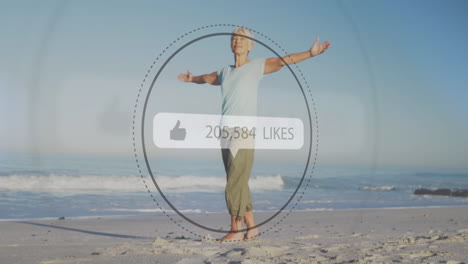 animation of speech bubble with thumbs up and numbers of likes over smiling senior woman on beach