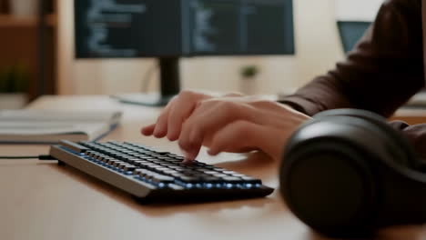 close-up of hands typing on a keyboard while coding