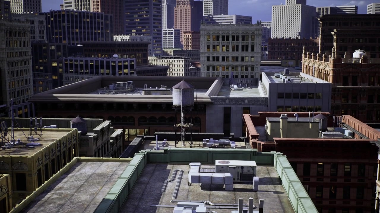 Aerial perspective of city rooftops showcasing historical and technical elements