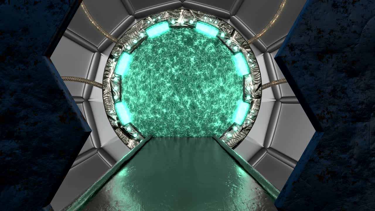 포털과 함께 공상 과학 복도의 3d 추상적인 배경 미래 기술 추상 기술 제목과 배경에 대한 원활한 vj.