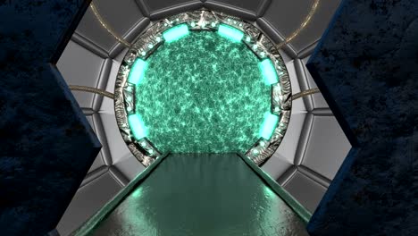 vista panorámica de la escena del paisaje de la estación. fondo abstracto 3d de corredor de ciencia ficción con portal. tecnología futurista abstracto vj sin costuras para títulos tecnológicos y fondo.