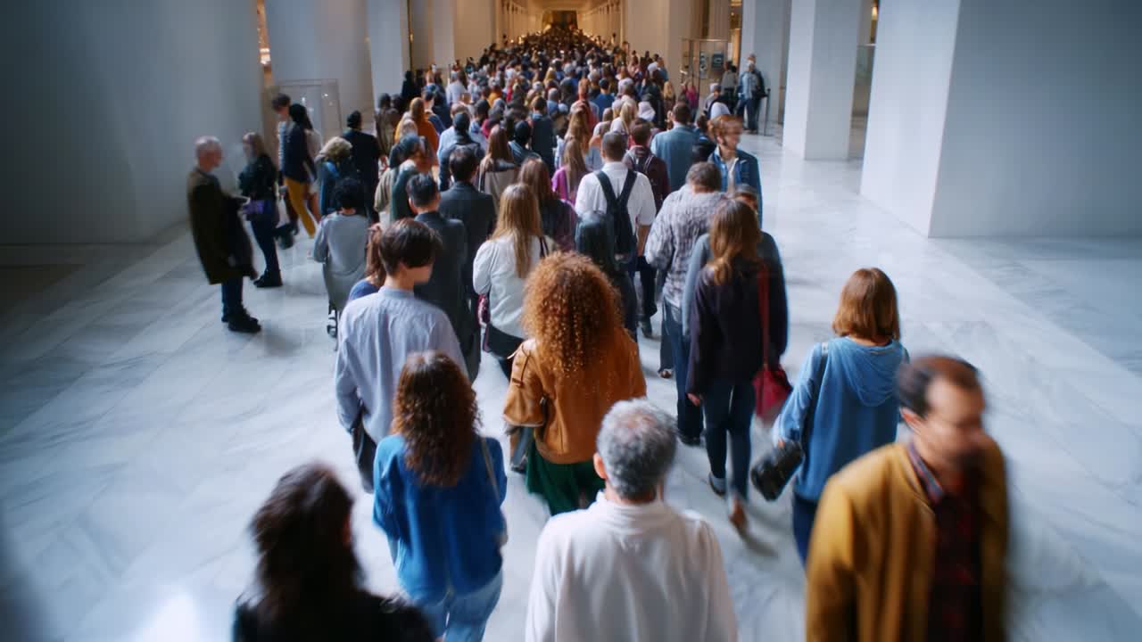Crowd of people walking in a hallway