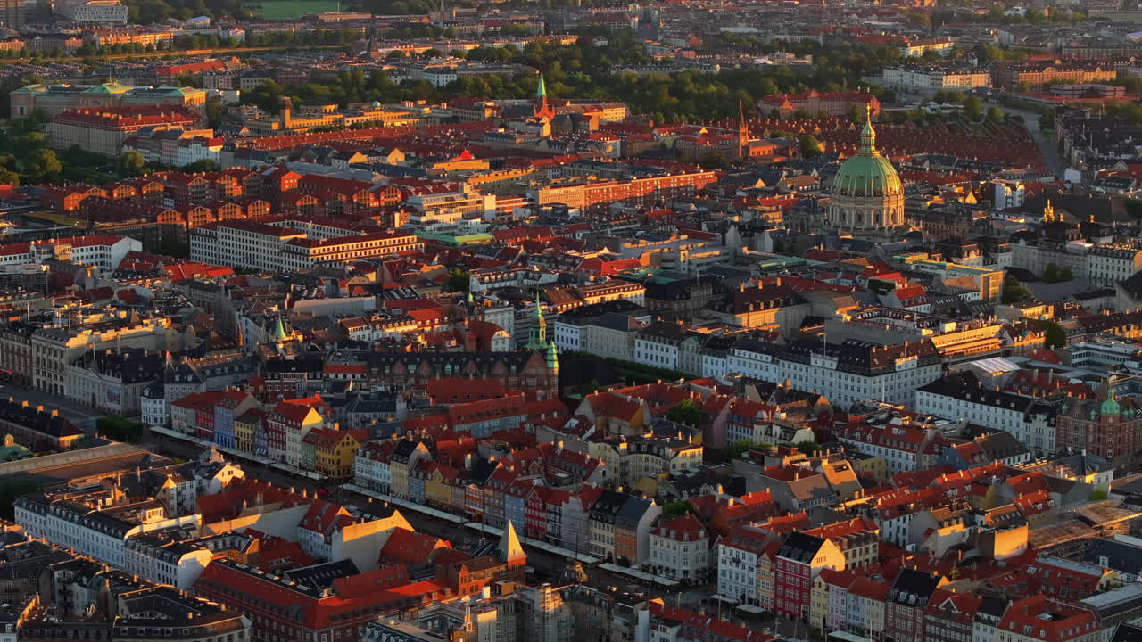 Aerial drone view of Amalienborg Palace, Frederik's Church and the city centre of Copenhagen, Denmark