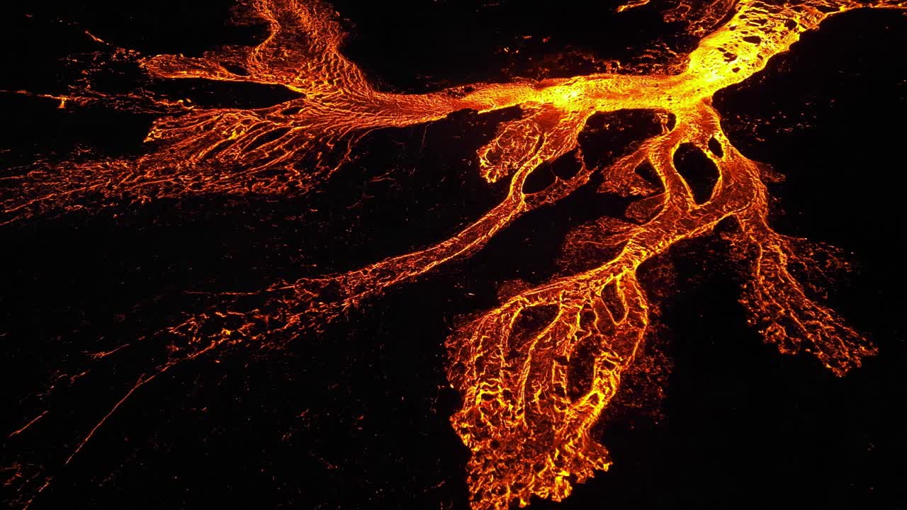 Lava stream flows through the new eruption site in Iceland