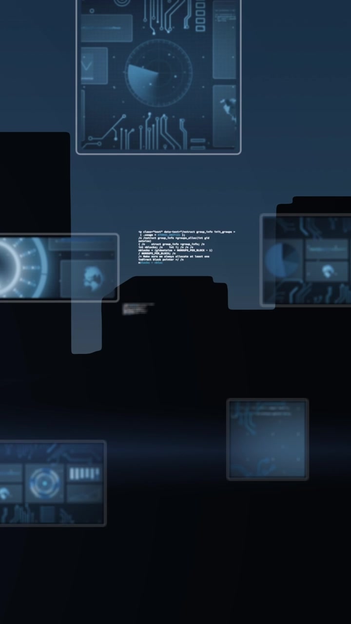 Video of data processing on screens over cityscape