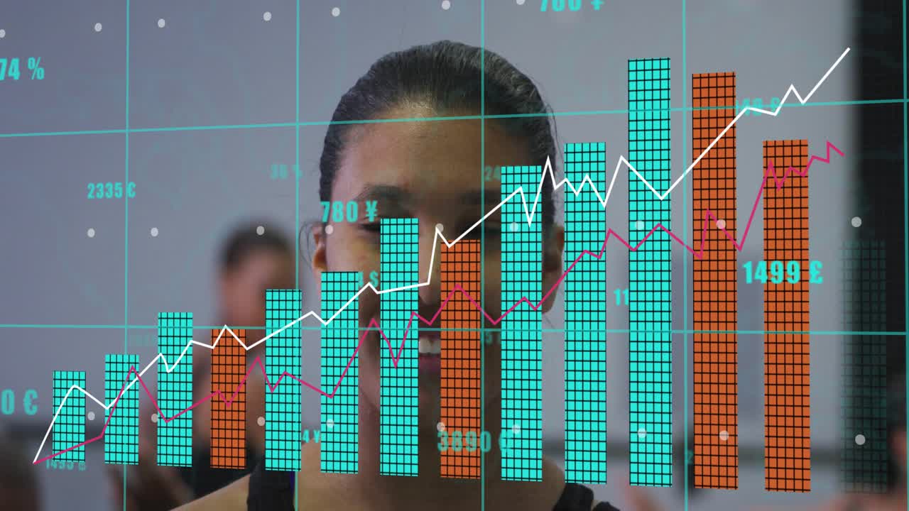 Woman standing during class starting HUD appearing over torso animating bar charts showing metrics