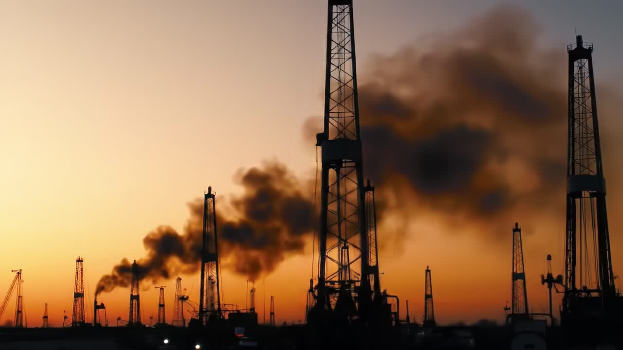 Dramatic Silhouettes of Oil Rigs Against a Vivid Sunset: An Exploration of Industrial Impact and Environmental Concerns