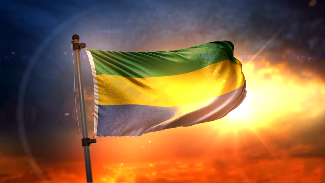 Bandiera del Gabon retroilluminata al bellissimo sorgere del sole, ciclo al rallentatore 4K