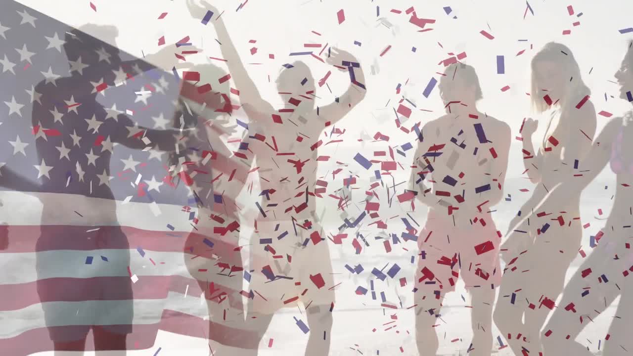 Animation of american flag waving and confetti over friends dancing on beach