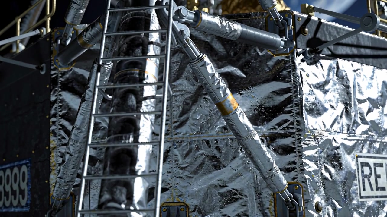 La telecamera si allontana, rivelando una scala verticale e un modulo di lamina stropicciata in orbita, mostrando la Terra.