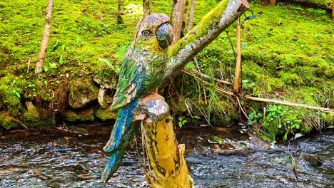 colorful parrot sculpture on tree trunk beside forest stream and moss rocks