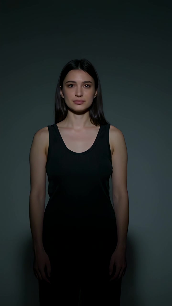 Vertikales Video: Posing-Model in schwarzem ärmellosem Kleid hält Pose, während Scheinwerfer im Studio gedimmt wird.