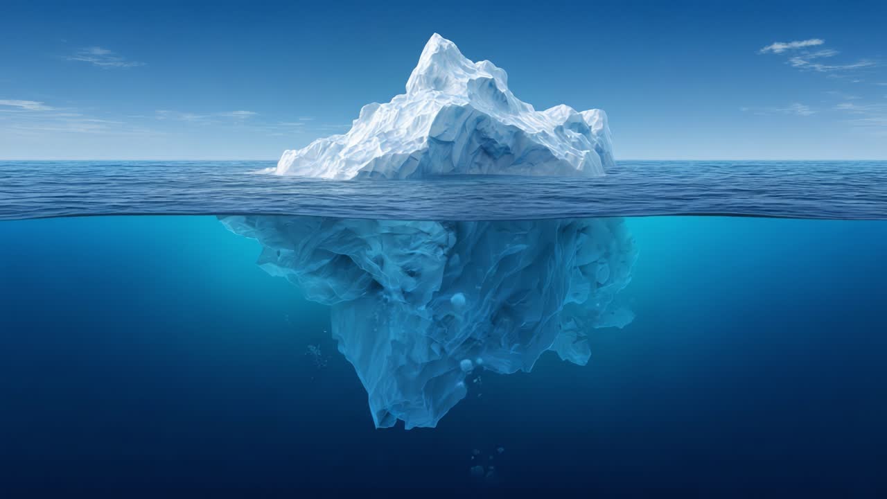 A Majestic Iceberg Rising from a Tranquil Ocean Surface, Showcasing Its Submerged Structure and Captivating Blue Waters Beneath, Offering a Glimpse into the Beauty of Nature