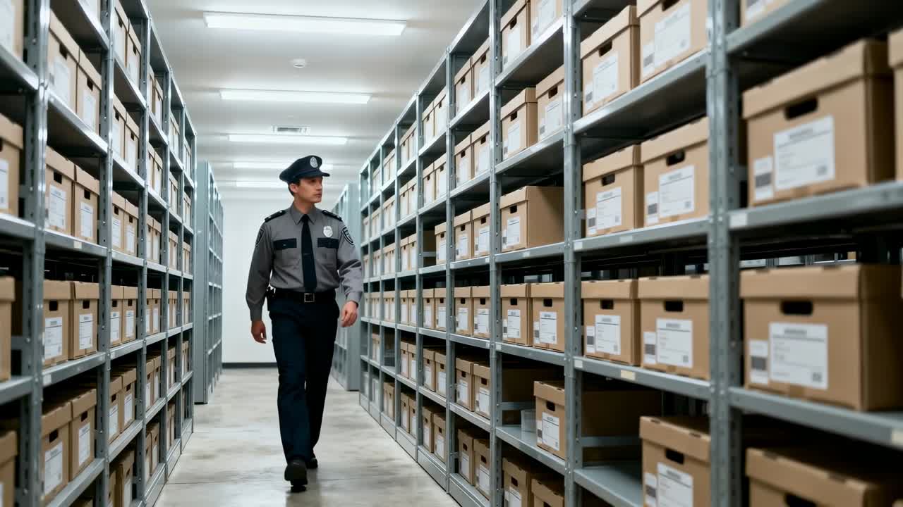 Inizio del pattugliamento, agente di sicurezza in uniforme che cammina, scansiona la corsia degli archivi, ispezionando le scatole
