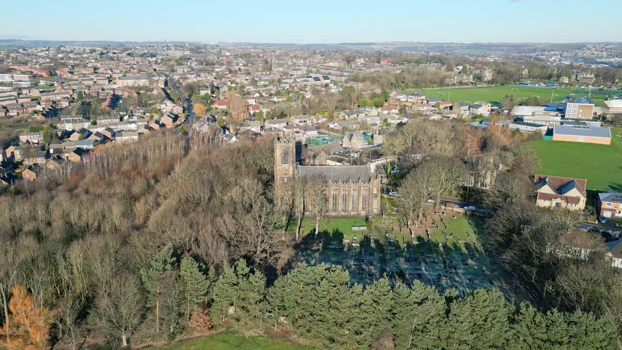Cinematic aerial drone view of Saint John the Evangelist Church Dewsbury moor UK