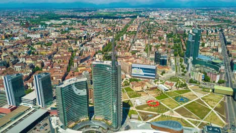 sunny day milan city modern downtown park aerial panorama 4k time lapse italy