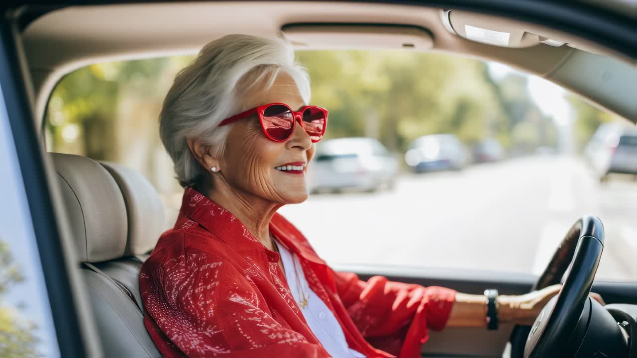 Stylish senior woman wearing red sunglasses, smiling while driving her car, embracing freedom and independence on an exciting road trip through the city streets