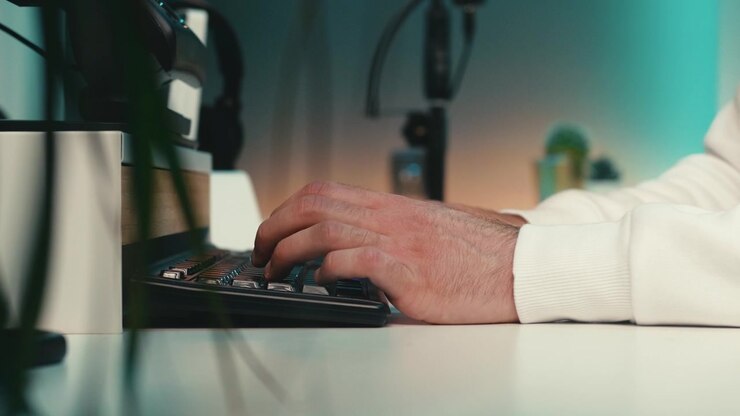 Man’s hands type skillfully on a mechanical keyboard in a cozy home office. Teal and orange lights, black gadgets, and green plants create a funky and modern atmosphere. Close up.