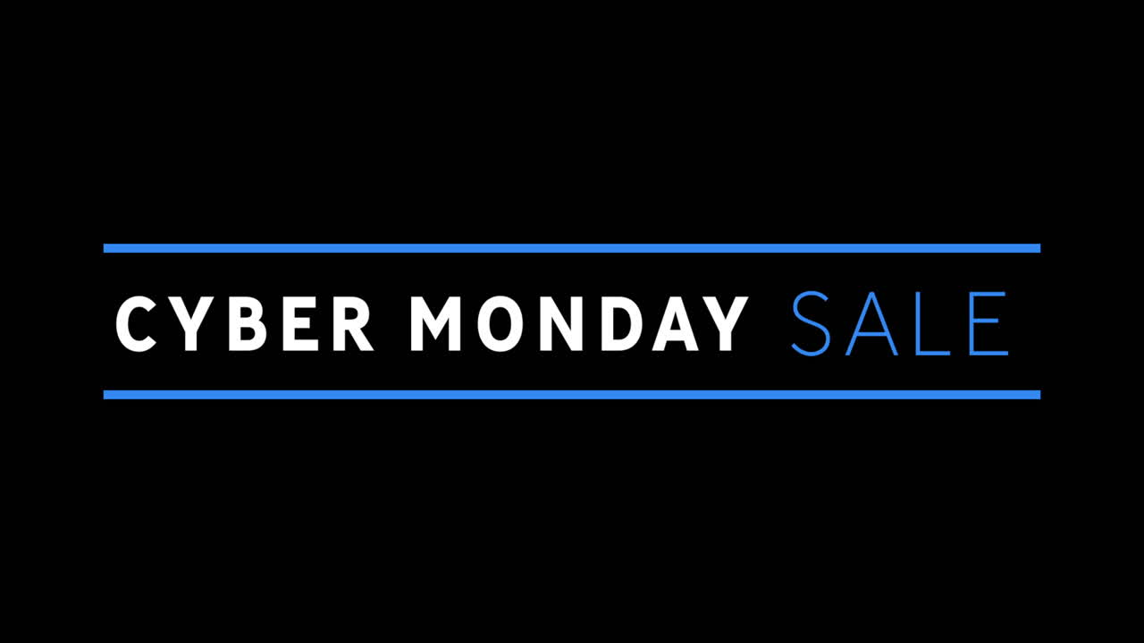 texto de venta de cyber monday blanco y azul que aparece contra la pantalla negra