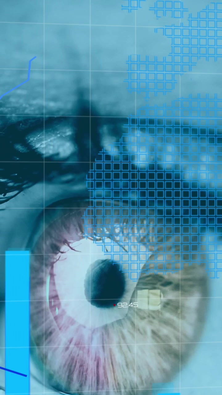 Animation of financial data processing with world map over woman's eye