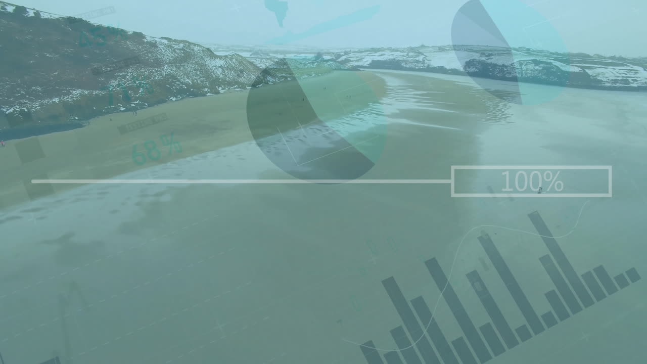 Animation of data visualization graphics overlaying coastal landscape scene