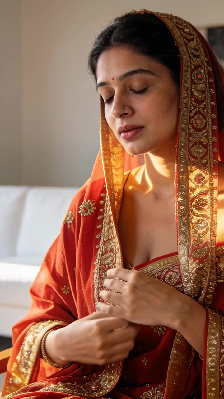 Video verticale: Donna indiana che si sistema e liscia il dupatta e il sari a casa, preparandosi per una cerimonia.