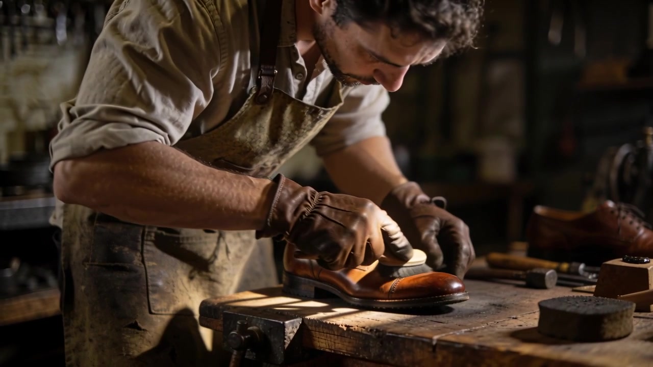 Polishing shoemaker in apron inspecting shoe, buffing leather with brush in shop for final finish